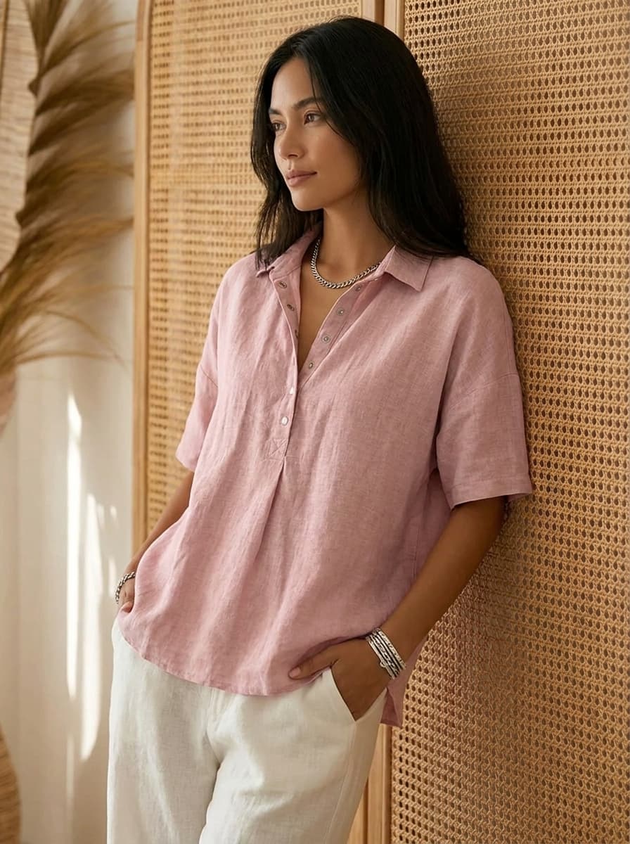 Bianca — Sommerbluse mit V-Kragen & Knopfdetail